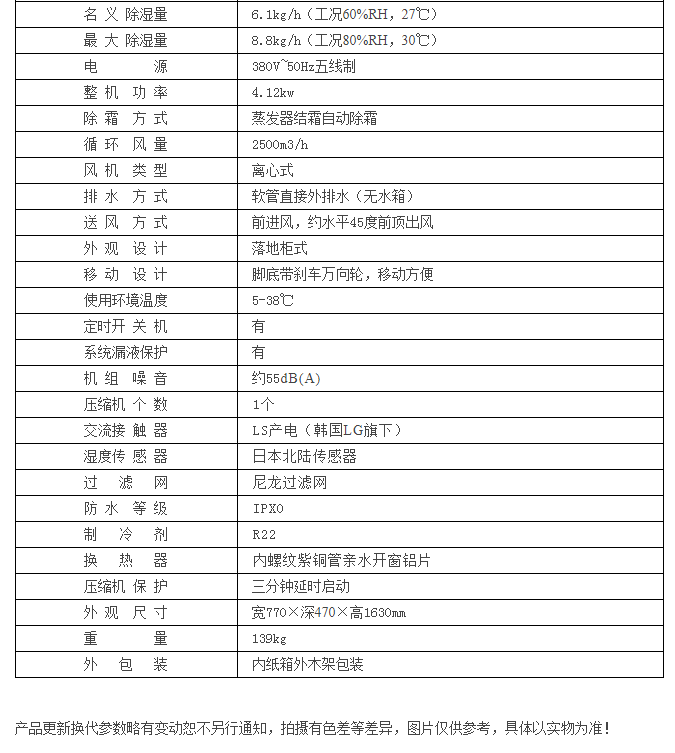 HJ-8192H五金倉庫防銹除濕機參數表